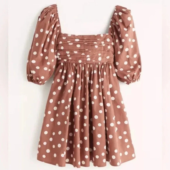 Abercrombie & Fitch Emerson Ruched Puff Sleeve Polka Dot Babydoll Mini Dress NWT - Picture 7 of 14